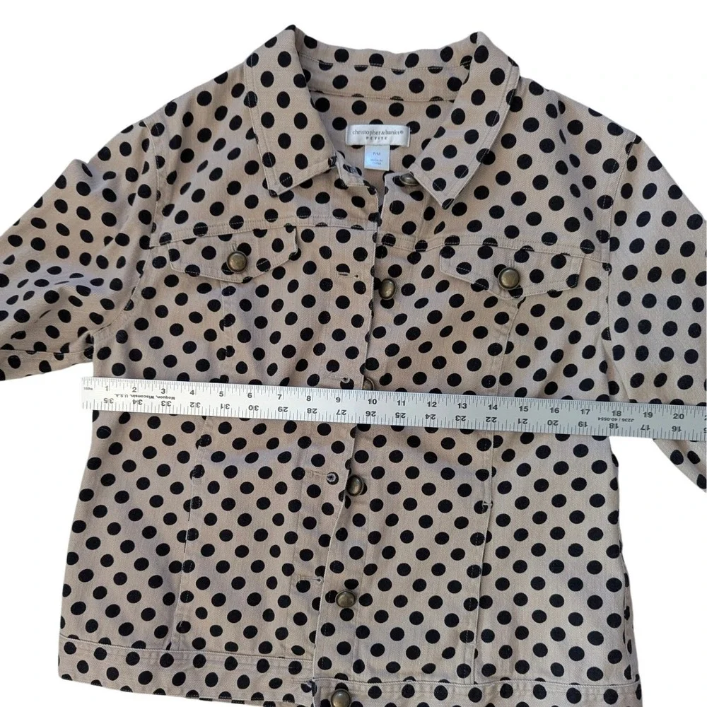 Christopher & Banks Petite Polka‎ Dot Denim Jacket Tan Black Button Front PM